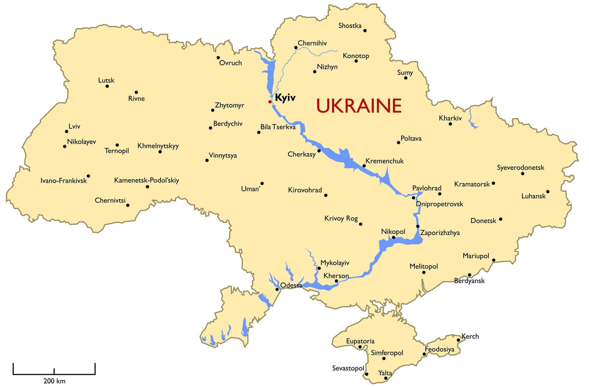 Carte des principales villes ukrainiennes